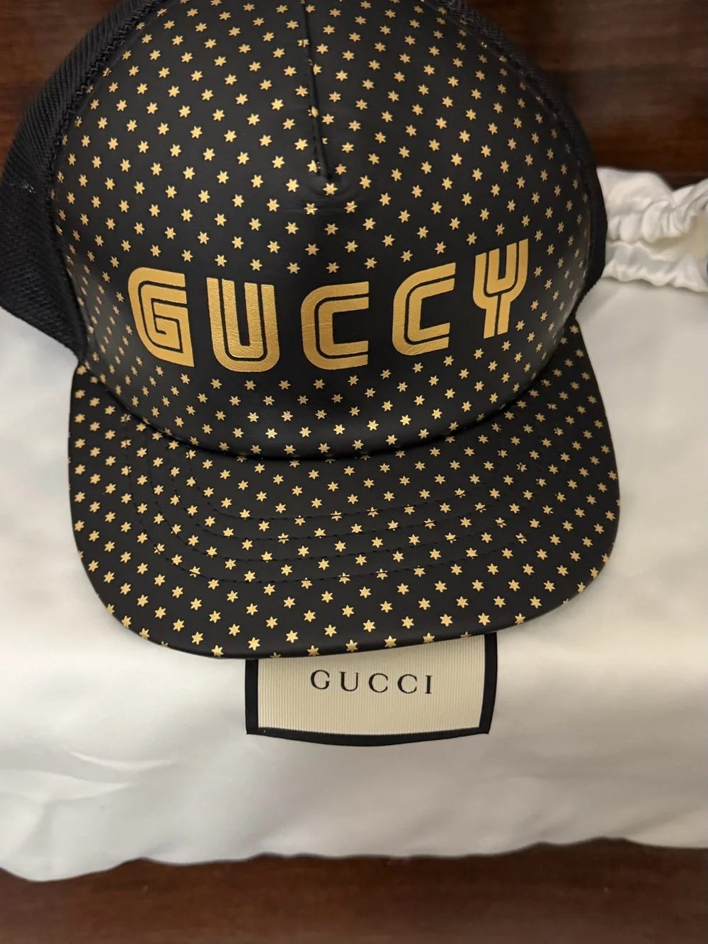 Gucci X SEGA Calfskin GUCCY stars baseball hat black and gold